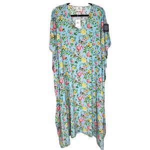 NWT Nicoblu Kaftan Floral Print FLAWED Blue Viscose Plus Size 1X-4X Birds Boho